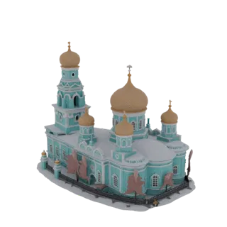 3D-Modell einer verschnörkelten türkisfarbenen und goldenen orthodoxen Kirche, bedeckt mit Schnee, mit mehreren Kuppeln und e