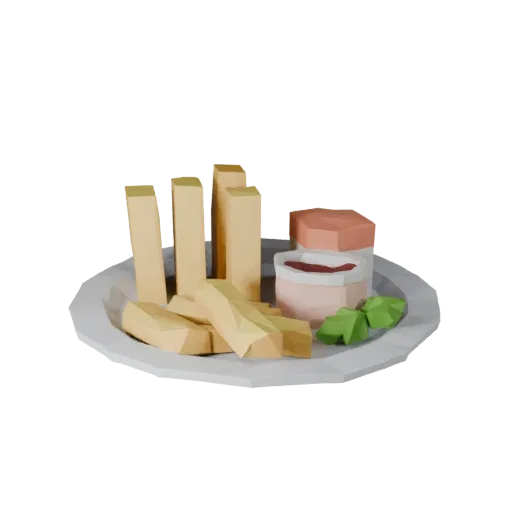 Pommes Frites Low Poly 3D-Modell, Game-Viewport-Dreiviertelansicht, mit Saucen, angerichtete Komposition.