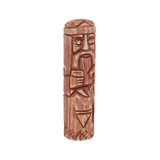 3D model render of a carved wooden ancient Slavic idol with a bearded face and runic inscriptions.