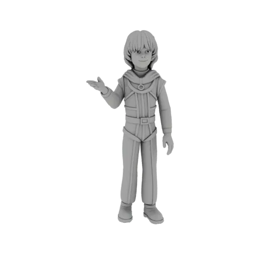 3D model of a young boy in a futuristic jumpsuit, with a hood up and one arm extended.