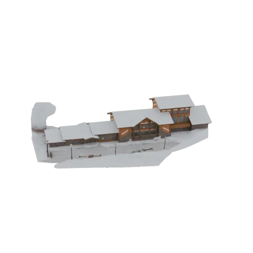 3D model of a rustic wooden mountain lodge covered in snow, with lampposts and benches in the foreground.