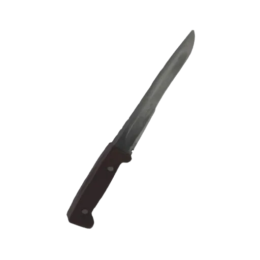 A 3D render of a serrated kitchen knife with a dark handle, presented on a white background.