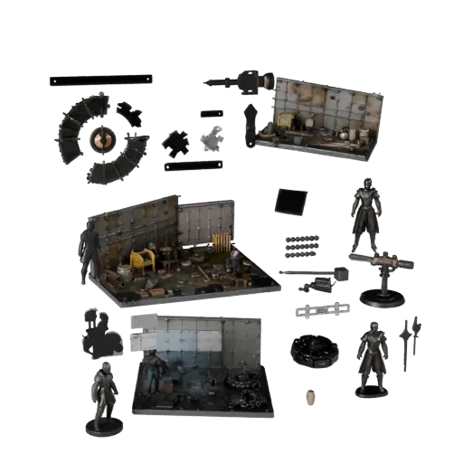 Aperçu du modèle 3D du kit modulaire Diorama d'affichage spatial montrant les pièces superposées, la vue de kitbash de dessus