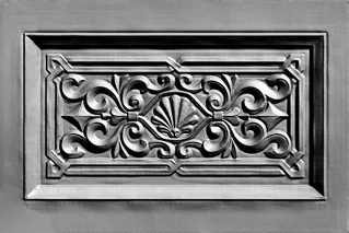 3D model of a classic bas-relief with floral ornament, depicting elegant leaves and scrolls in a rectangular frame.