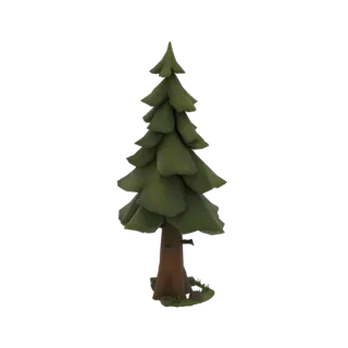 A stylized 3D model of an evergreen tree with green foliage and a brown trunk, set against a white background.