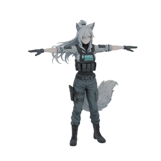 3D model of a female character with wolf ears and tail, wearing tactical gear and a vest, in a T-pose.