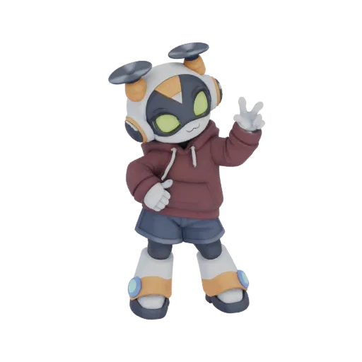 A 3D render of a cute, stylized robot character wearing a maroon hoodie and blue shorts, giving a peace sign.