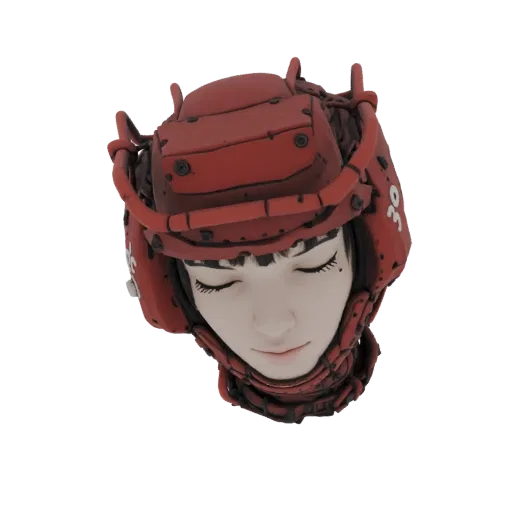 3D model of a red cyberpunk samurai helmet with a stylized face of a young woman peeking through, featuring intricate mechani