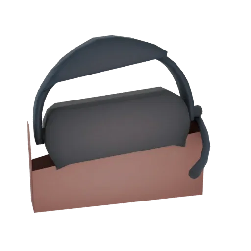 Modello 3D di un visore VR scuro appoggiato su un supporto di ricarica marrone rossastro, su sfondo bianco.