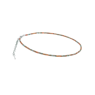 3D model of a boho-style choker necklace with small orange, teal, and cream beads and a silver clasp.