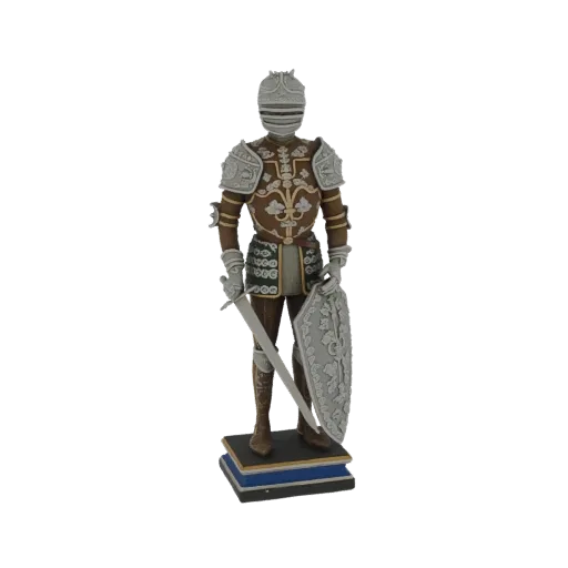 3D model of an ornate knight in full armor, holding a sword and shield, standing on a layered base.