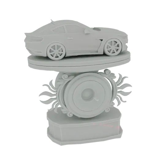 3D model of a gray luxury sports car on an ornate trophy base with decorative scrollwork and illuminated accents.