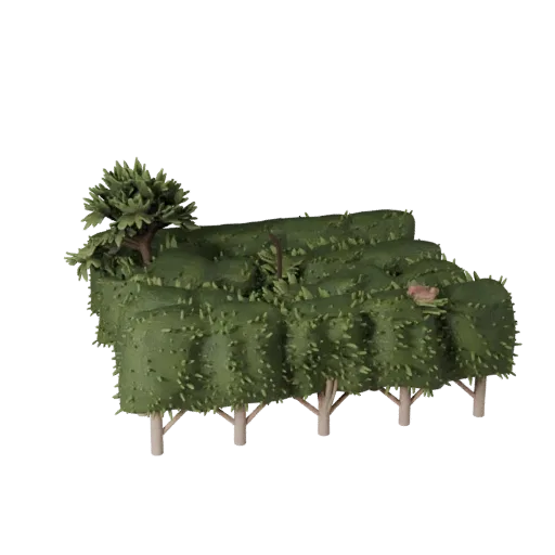 Hedge Row Kit Unreal Engine 3D model, top-down viewport view, showing leaf clusters, layered vegetation clusters.