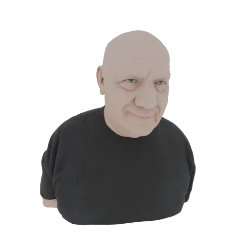 Rendering del modello 3D del busto di un uomo calvo con maglietta nera, texture della pelle realistica ed espressione neutra.