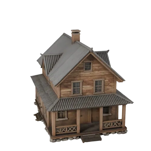 Unity-ready Bauernhaus 3D-Modell, Unity-Engine-Viewport, zeigt Materialien für Wohngebäude und architektonische Details