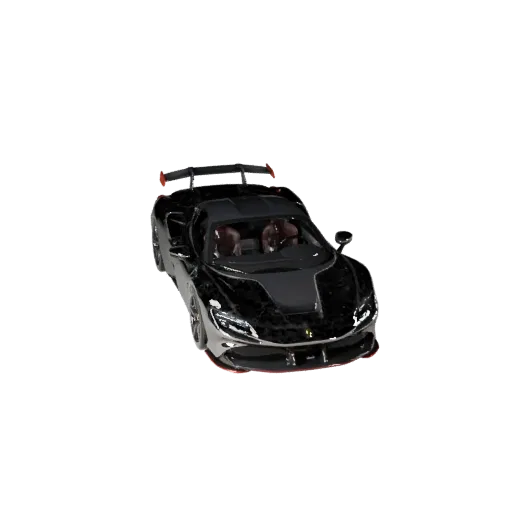 Modello 3D di auto sportiva, vista studio a tre quarti, asset veicolare pronto per l'animazione con superfici aerodinamiche a