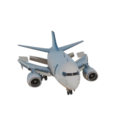 3D model of a light blue passenger jet, viewed from the front, with engines and wings clearly visible against a black backgro