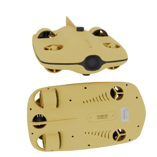 Modello 3D drone subacqueo giallo visto dall'alto e dal basso, con propulsori e pinne.