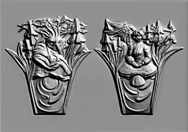 Modelo 3D de bajorrelieve con un espíritu del bosque y una chica entre flores, en estilo Art Nouveau.