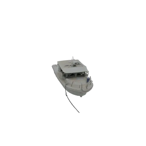 A 3D model of a modern, light-colored motor yacht with a dark anchor line, viewed from a slightly elevated angle against a wh