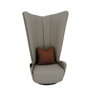 Modèle 3D d'un fauteuil d'appoint moderne "Wingback" gris clair avec un coussin marron, sur fond blanc.