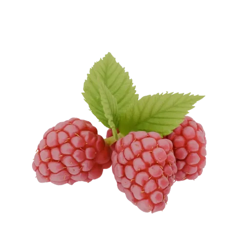 Um modelo 3D de um cluster de três framboesas vermelhas maduras com folhas verdes, renderizado realisticamente contra um fund