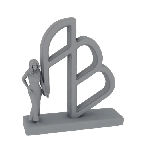 Rendu 3D d'une sculpture monogramme "FB" stylisée avec une figure féminine debout, le tout en finition gris mat sur une base