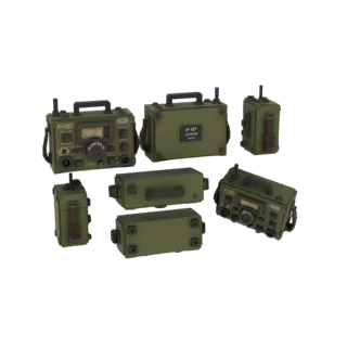 A collection of vintage military radio models, including R-107 and R-157 types, displayed on a white background.
