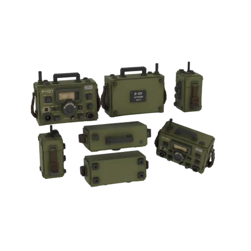 A collection of vintage military radio models, including R-107 and R-157 types, displayed on a white background.