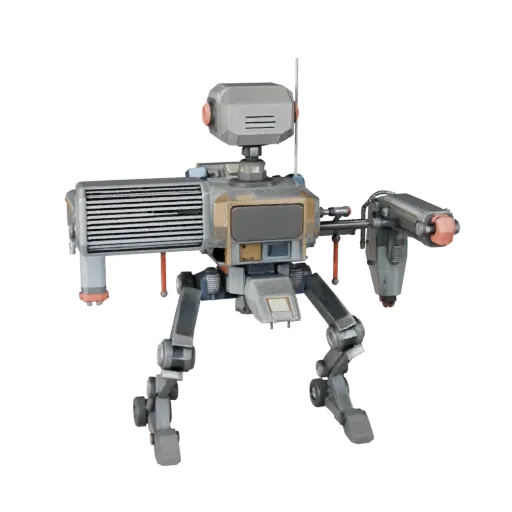 Humanoid Lab Drone Low Poly 3D model, game viewport three-quarter view, showing metal frames, robot form.