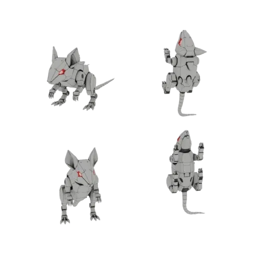 A 3D render of a gray robotic mouse with red glowing eyes, shown from different angles.