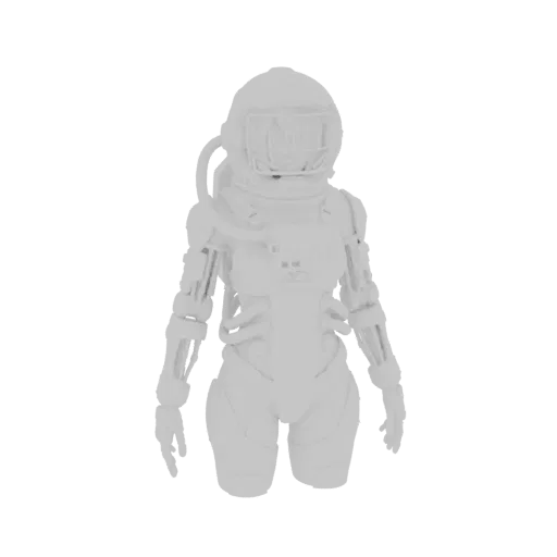3D-Modell einer weiblichen Astronautin in einem detaillierten weißen Sci-Fi-Anzug, stehend vor einem weißen Hintergrund.