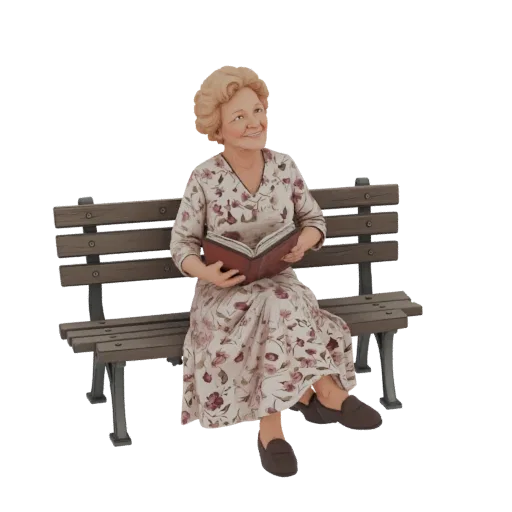 3D model of an elderly woman with blonde curly hair, wearing a floral dress, sitting on a park bench and reading a book.
