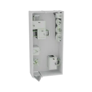 3D model of a compact storage unit with shelves, drawers, and integrated washing machine and dryer, shown against a white bac