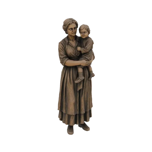 3D model of a bronze statue depicting a mother holding her child, with a warm, classic aesthetic.