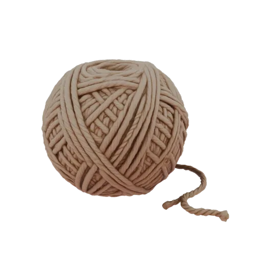 A realistic 3D model of a ball of thick, beige wool yarn with a few loose threads trailing from the side, set against a black