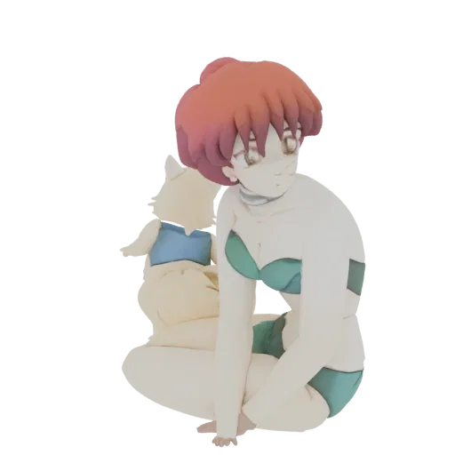 3D model render of an anime-style girl with reddish-pink hair in a teal bikini, sitting next to a fox companion wearing a blu