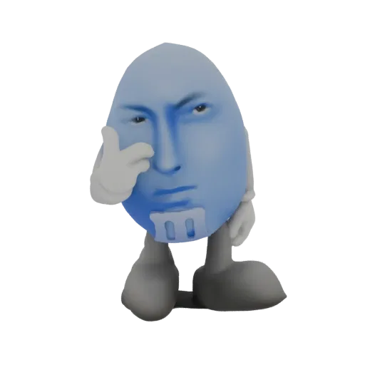 3D model of the Blue M&M candy character with a realistic human face, wearing white gloves and standing on stubby legs.
