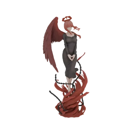 3D model of Makima from Chainsaw Man with red wings, halo, and chains, standing on a fiery base.
