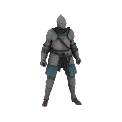 3D model of a medieval knight's full armor set, featuring metallic plate armor with blue fabric accents and a closed helm.