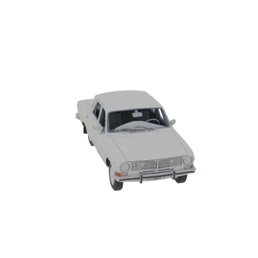 3D model of a classic white sedan with chrome accents, viewed from a slightly elevated angle.