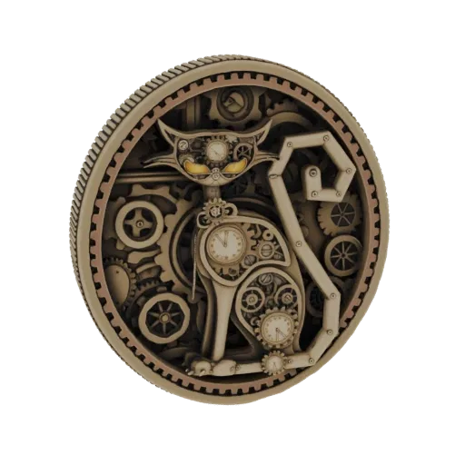 3D model of a Steampunk cat sculpture, made of intricate gears, clockwork, and metallic components, with glowing yellow eyes.