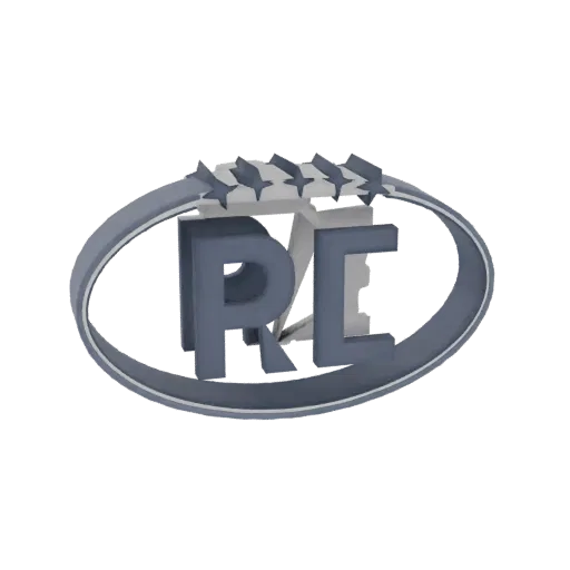 3D render of the RC logo emblem, featuring bold 'RC' letters within a grey oval frame with white star accents.