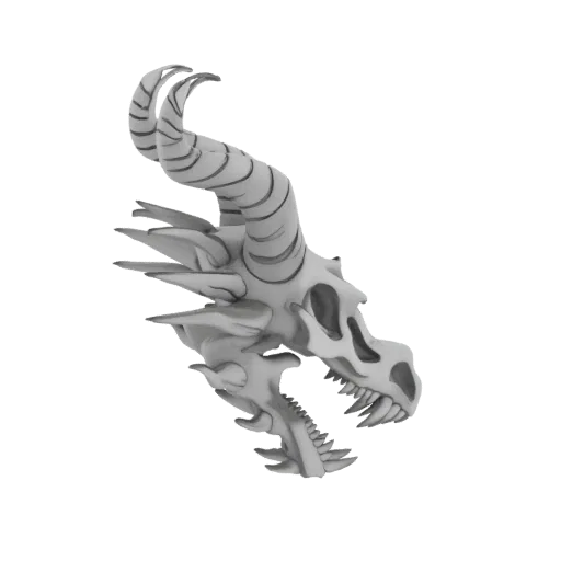A detailed 3D model of a dragon skull with sharp teeth and prominent horns, set against a black background.