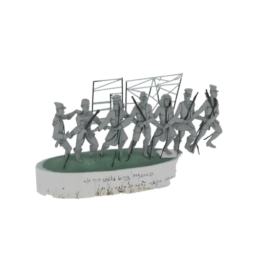 3D model of a group of WWI soldiers marching in formation across a diorama base with handwritten text.
