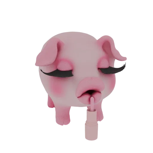 3D model of a cute pink pig with closed eyes and long eyelashes, applying pink lipstick from a tube.