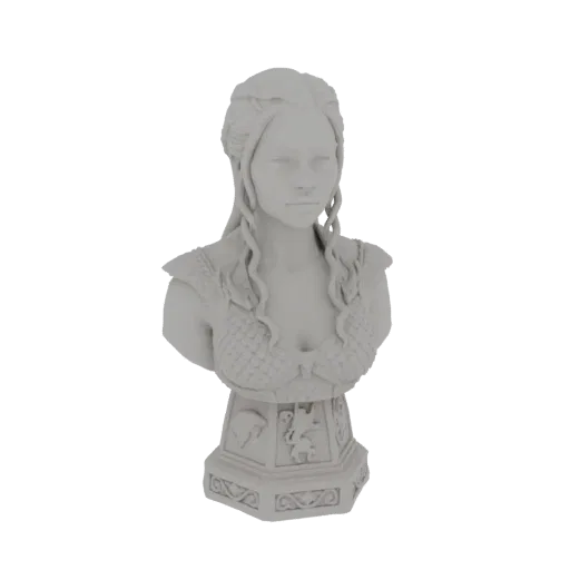 3D model bust of Daenerys Targaryen from Game of Thrones, featuring braided hair and scaled armor on a decorative base.