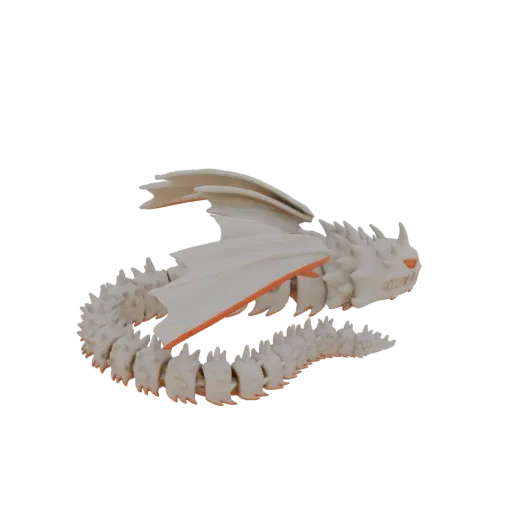 A 3D render of a skeletal dragon with a segmented body and bright orange accents on its wings, set against a black background