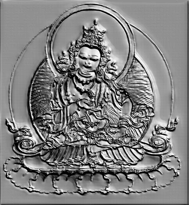 3D model of a Buddha bas-relief in a crown, in Buddhist style, with detailed rendering of robes and ornaments.