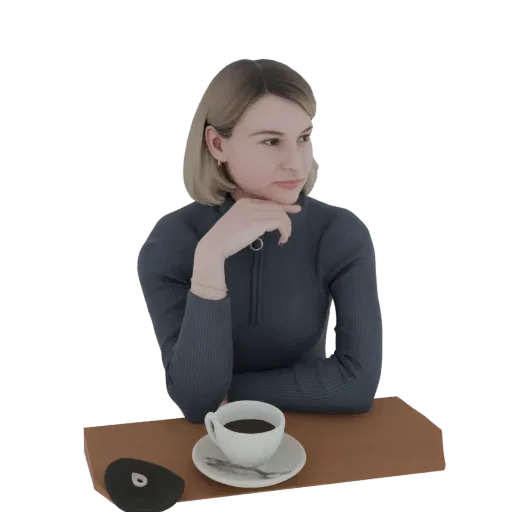 3D model of a young woman with blonde hair, wearing a dark turtleneck, resting her chin on her hand, with a cup of coffee on